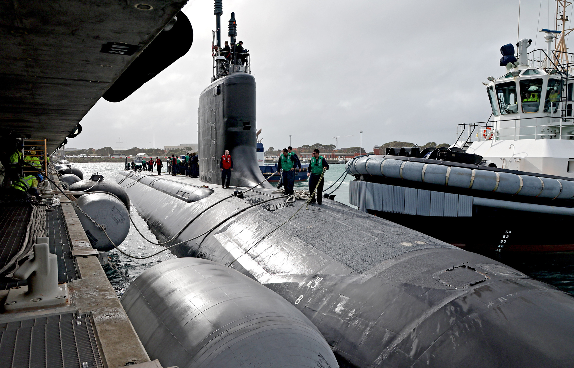 Virginia-class fast-attack submarine USS Hawaii alongside Fleet Base West, HMAS Stirling, Western Australia in 2024.