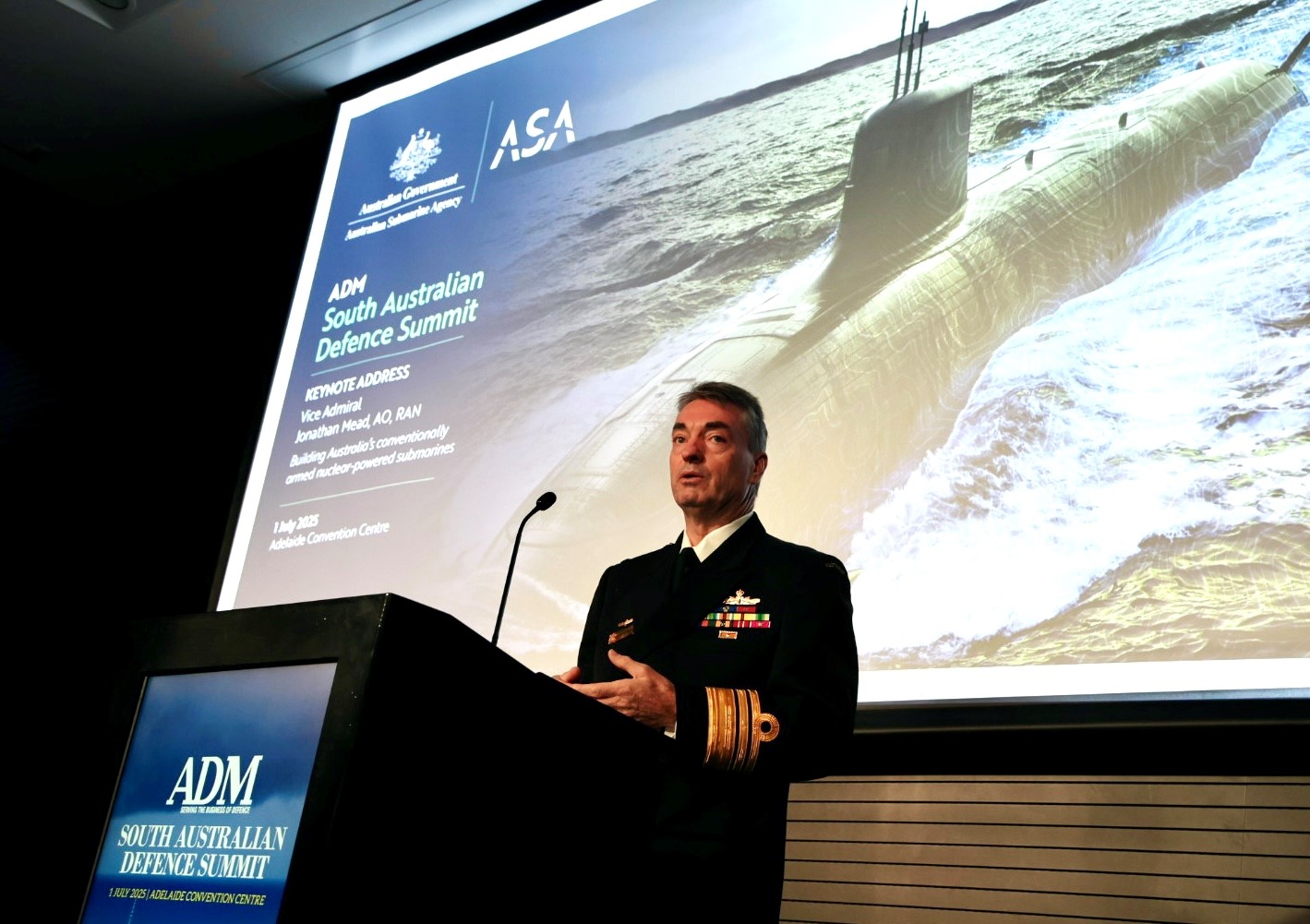 Director-General of ASA, Vice Admiral Jonathan Mead, speaking at ADM South Australian Defence Summit in Adelaide on 1 July 2025.