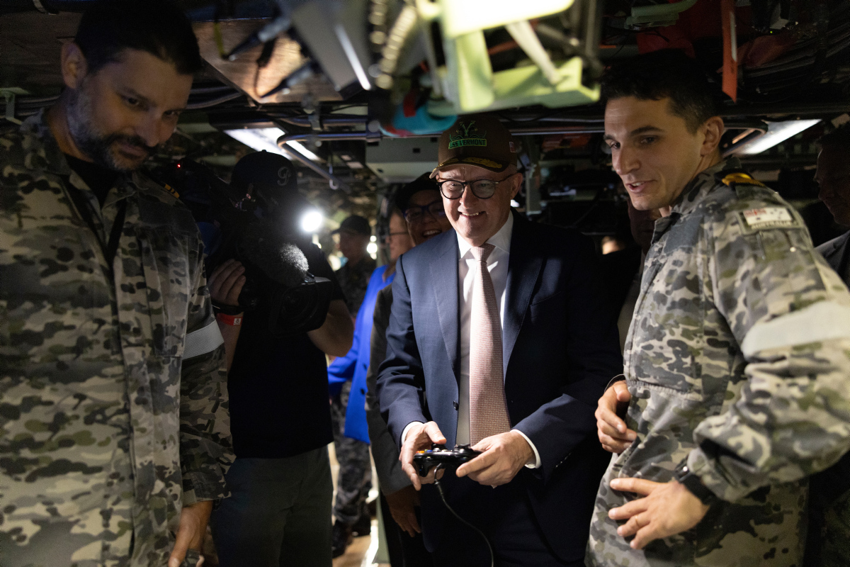 Prime Minister, the Hon. Anthony Albanese MP, during a tour of the Virginia-class fast-attack submarine USS Vermont (SSN 792) at HMAS Stirling in Western Australia for a scheduled Submarine Maintenance Period.