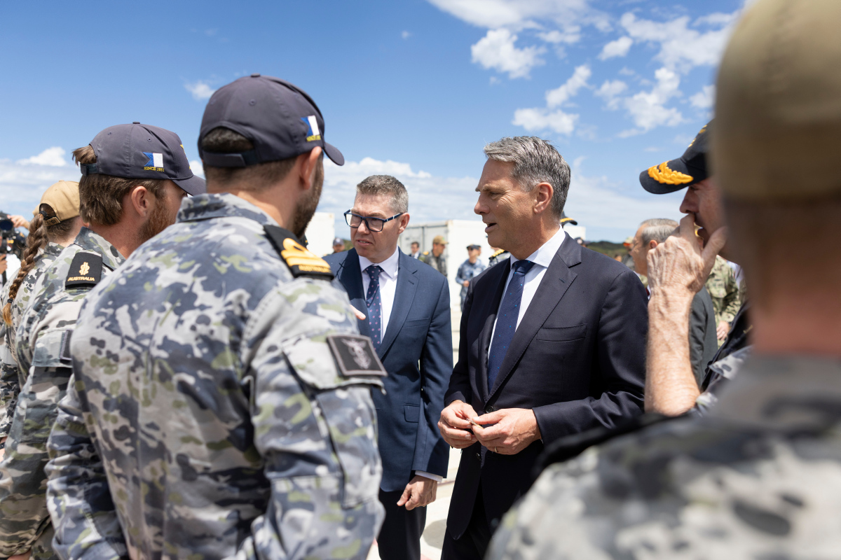 Deputy Prime Minister, the Hon. Richard Marles MP, Minister for Defence Industry, the Hon. Pat Conroy MP, Minister for Resources, and Director-General of the Australian Submarine Agency Vice Admiral Jonathan Mead, AO, during a tour of the Virginia-class fast-attack submarine USS Vermont (SSN 792) at HMAS Stirling in Western Australia for a scheduled Submarine Maintenance Period.