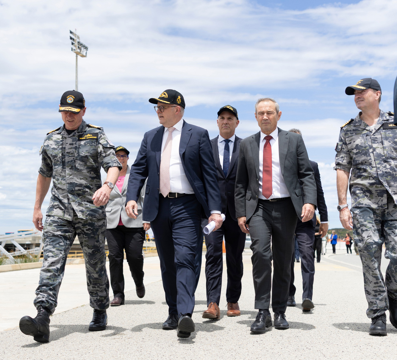 Prime Minister, the Hon. Anthony Albanese MP, Deputy Prime Minister, the Hon. Richard Marles MP, Minister for Defence Industry, the Hon. Pat Conroy MP, Minister for Resources, the Hon. Madeleine King MP, Premier of Western Australia, the Hon. Roger Cook, MLA, Chief of Navy, Vice Admiral Mark Hammond, AO, RAN, and Director General of the Australian Submarine Agency Vice Admiral Jonathan Mead, AO, during a tour of the Virginia-class fast-attack submarine USS Vermont (SSN 792) at HMAS Stirling in Western Austr