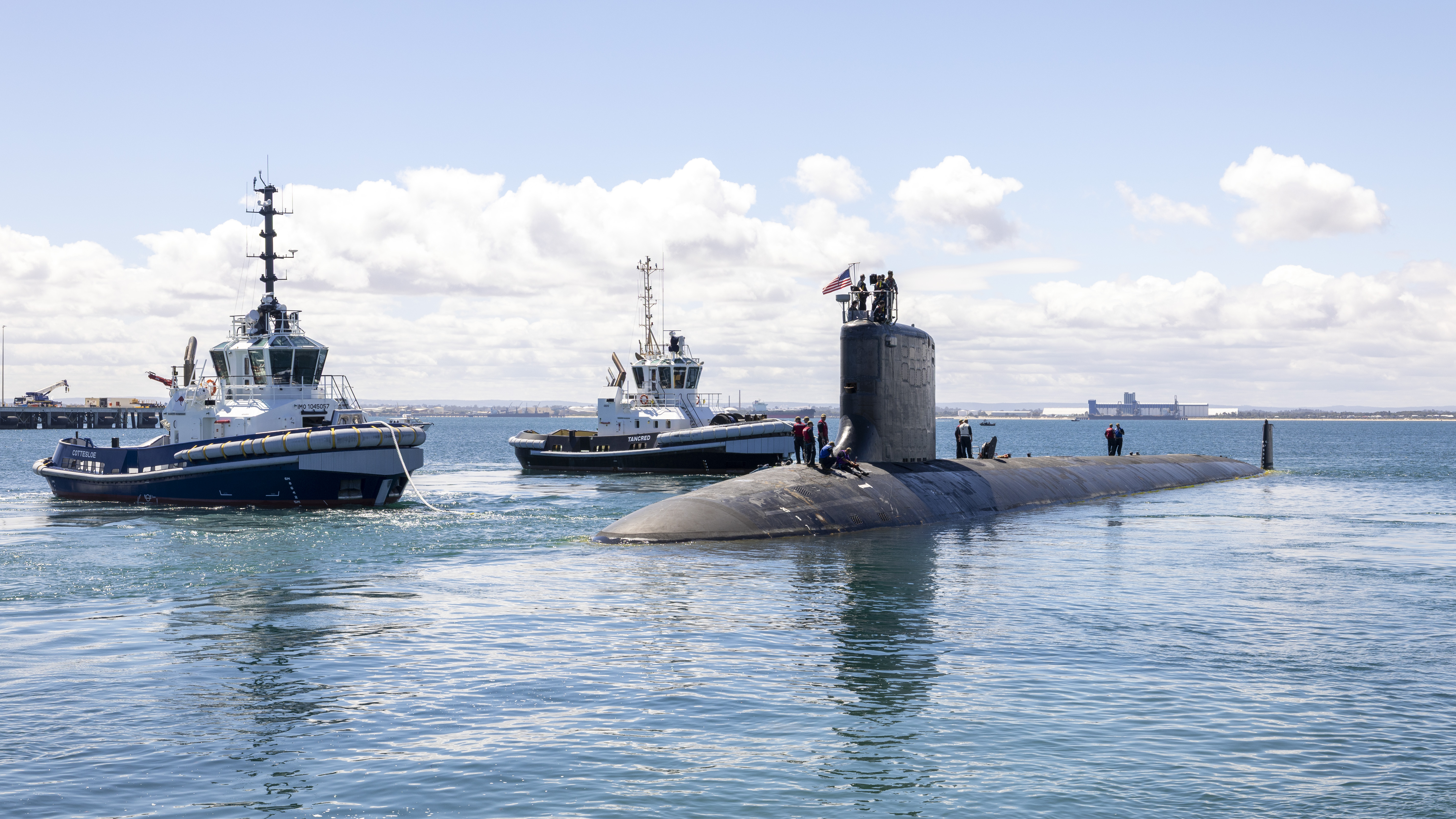 United States Navy Virginia class fast-attack submarine, USS Vermont (SSN 792), departs HMAS Stirling after completing a Submarine Maintenance Period in Western Australia.