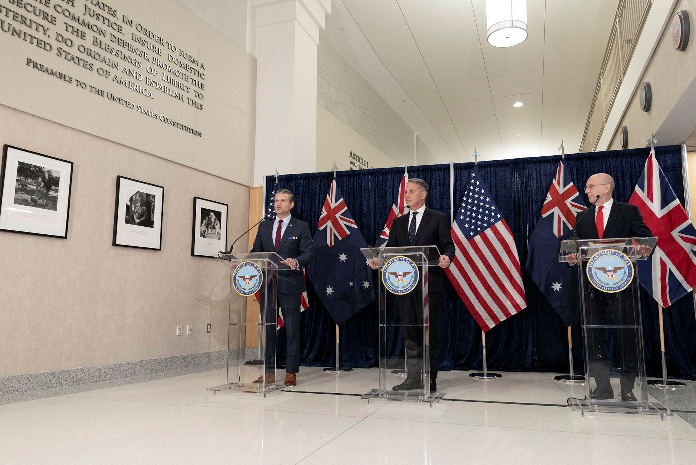 The Deputy Prime Minister and Minister for Defence, the Hon Richard Marles MP at an AUKUS Defence Ministers’ Meeting with UK Secretary of State for Defence, the Rt Hon John Healey and US Secretary of War, Pete Hegseth, to discuss and maximise the strategic benefits of the AUKUS partnership in supporting security and stability in the Indo-Pacific region and beyond.