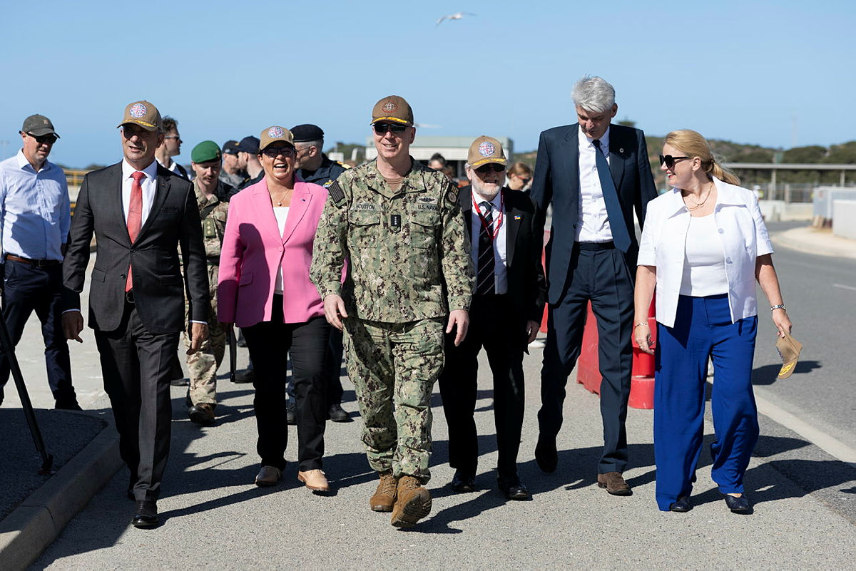 (L-R) The Honourable Paul Papalia CSC, MLA, Western Australia (WA) Minister for Defence Industries and Minister for Veterans, The Honourable Madeleine King MP, Minister for Northern Australia, United States Navy, Admirable William Houston, Director, Naval Nuclear Propulsion, Department of Navy/ Department of Energy, Sir Stephen Lovegrove, GCMG KCB and the Prime Ministers Special Representative for AUKUS. Seen here before a press conference at HMAS Stirling, Perth.