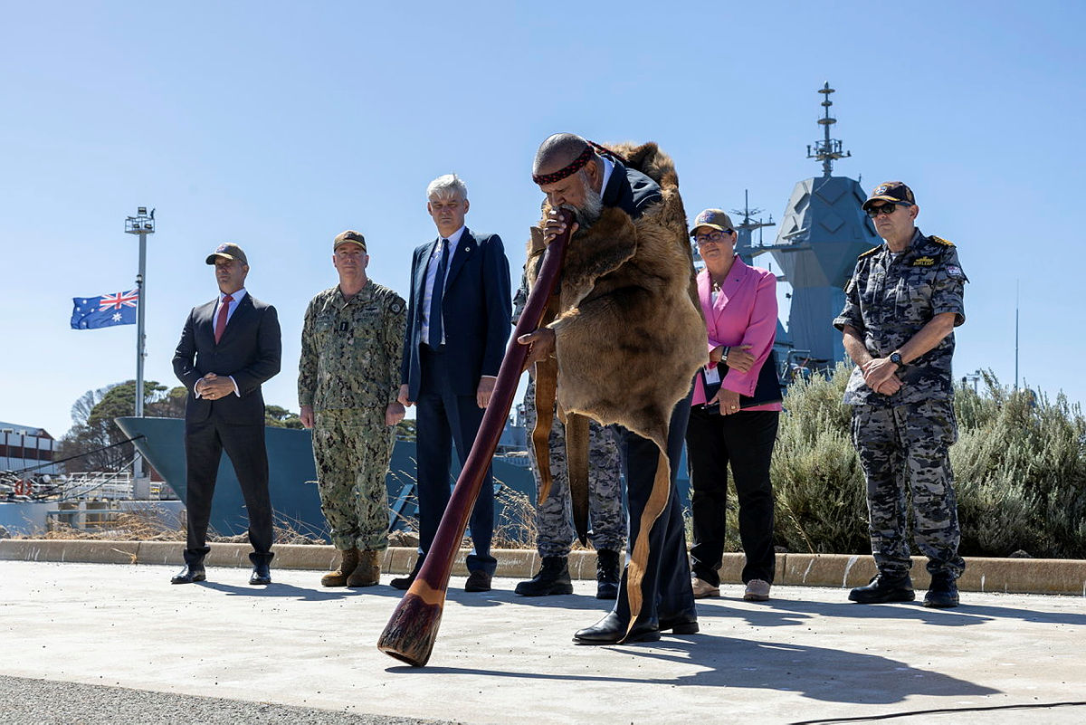 Indigenous Leader Barry Winmar conducts the welcome ceremony at Garden Island in Australia.