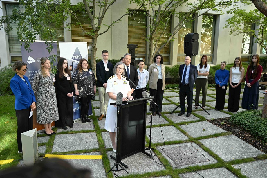 Rear Admiral Rachel Durbin AM CSC FTSE, Head of Navy Engineering, speaks to the media during the launch of the Propel scholarship launch at Parliament House.