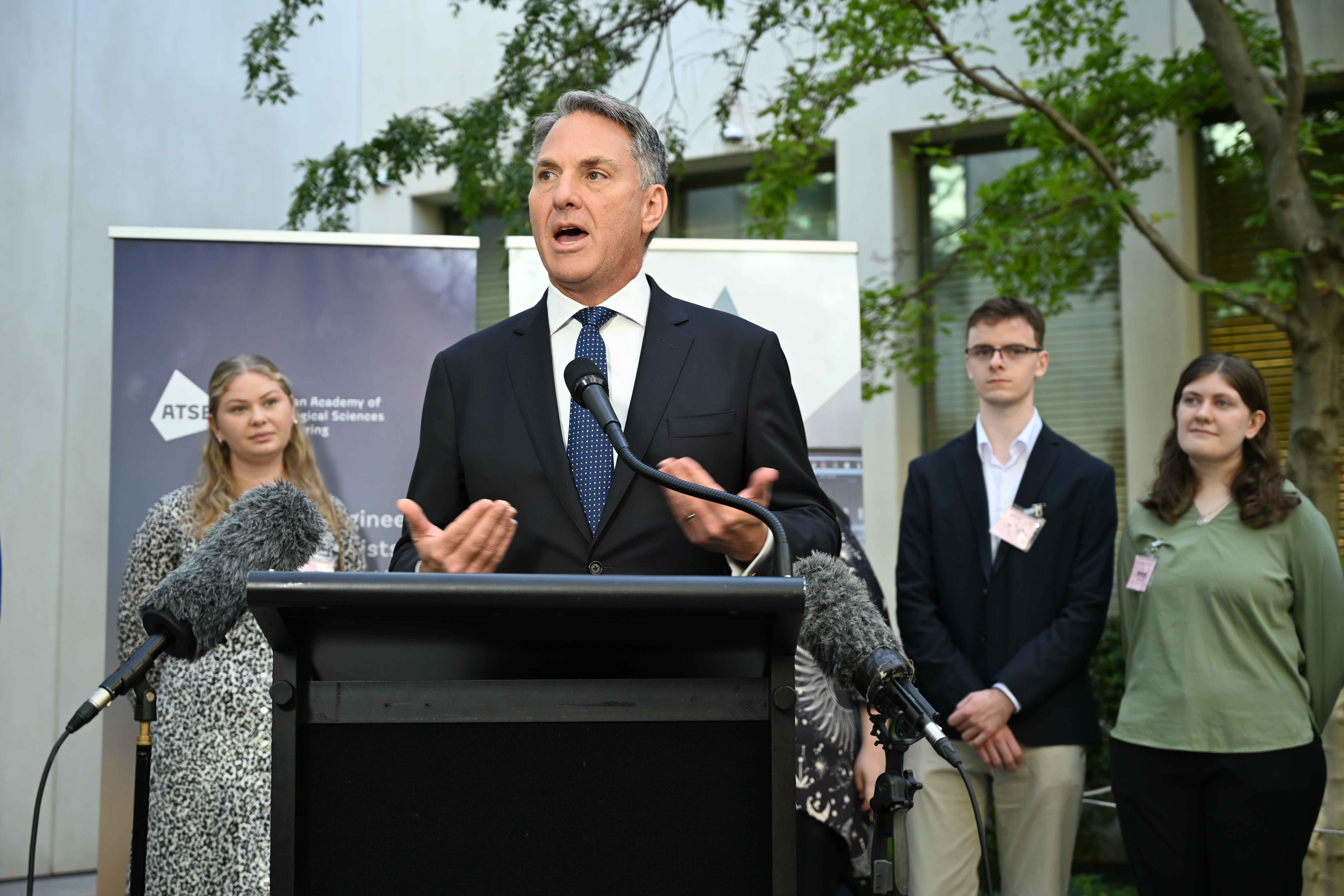 Deputy Prime Minister Richard Marles speaks to the media during the launch of the Propel scholarship launch at Parliament House.