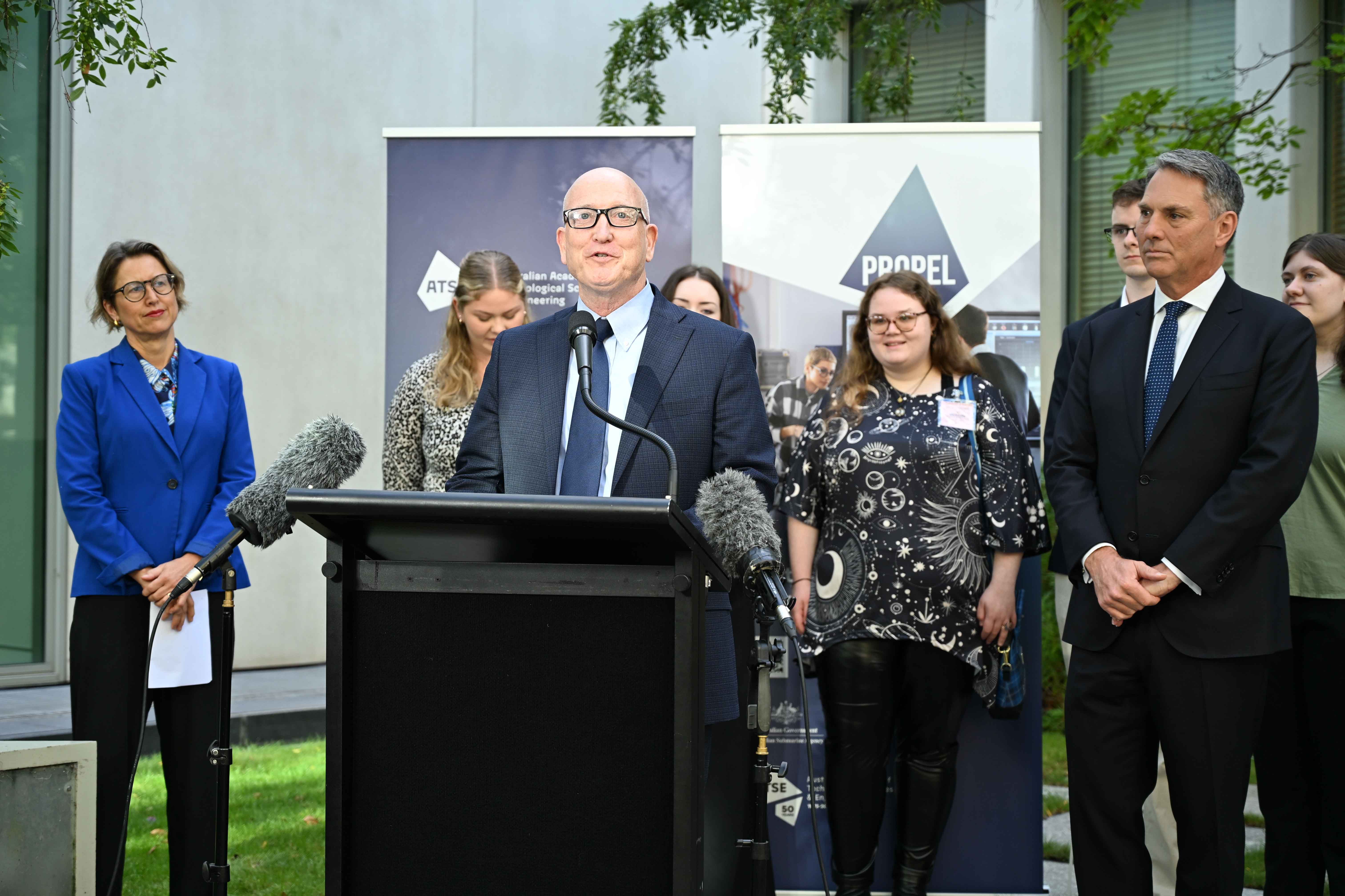  Bruce Easterson, Head Engineering and Technology at the Australian Submarine Agency, speaks to the media during the launch of the Propel scholarship launch at Parliament House.