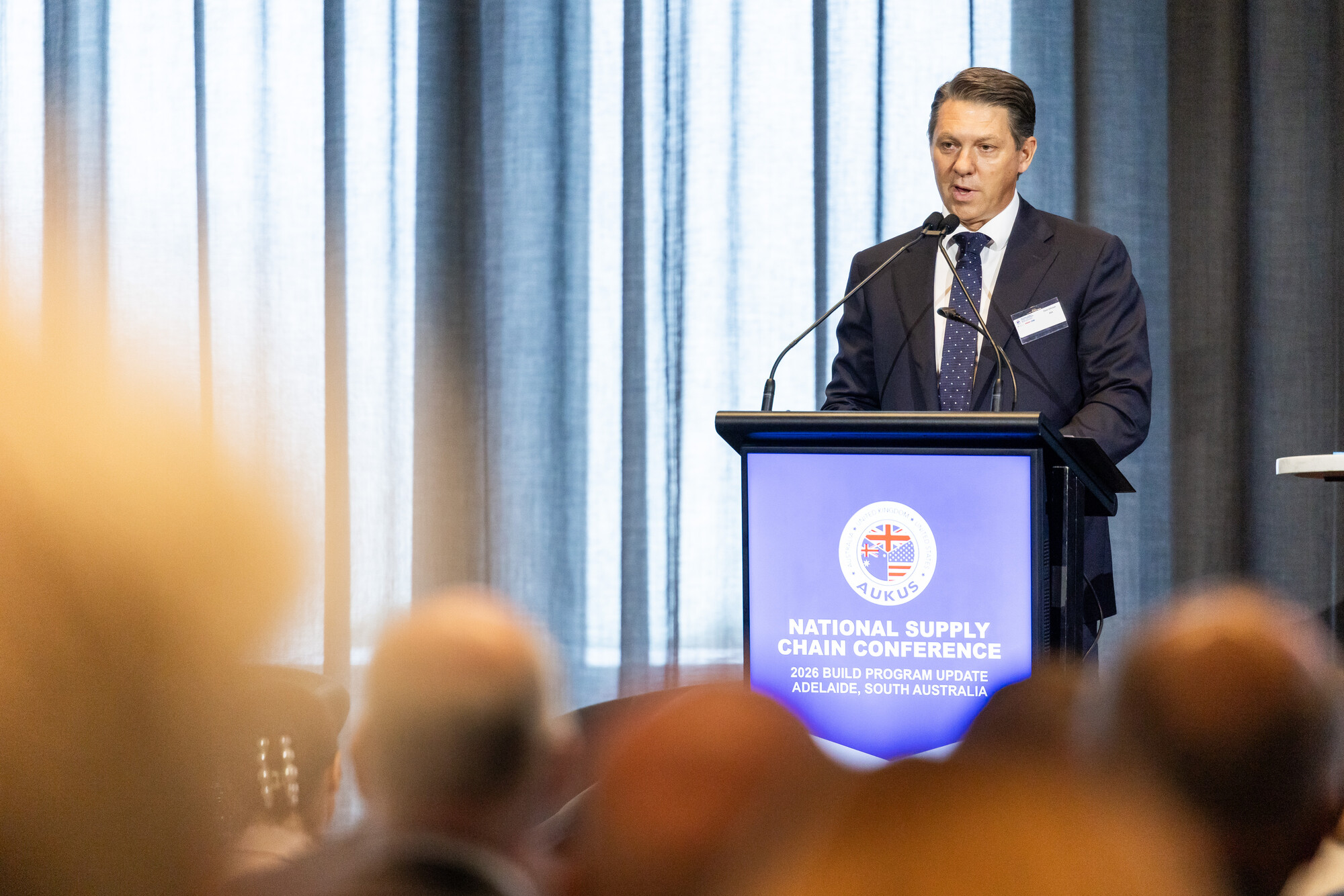 Deputy Director-General Nuclear Submarine Delivery at the ASA, Dave Johnson, speaking at the AUKUS National Supply Chain Conference in Adelaide. Image: ASC and BAE – Joint SSN-AUKUS Build Partners