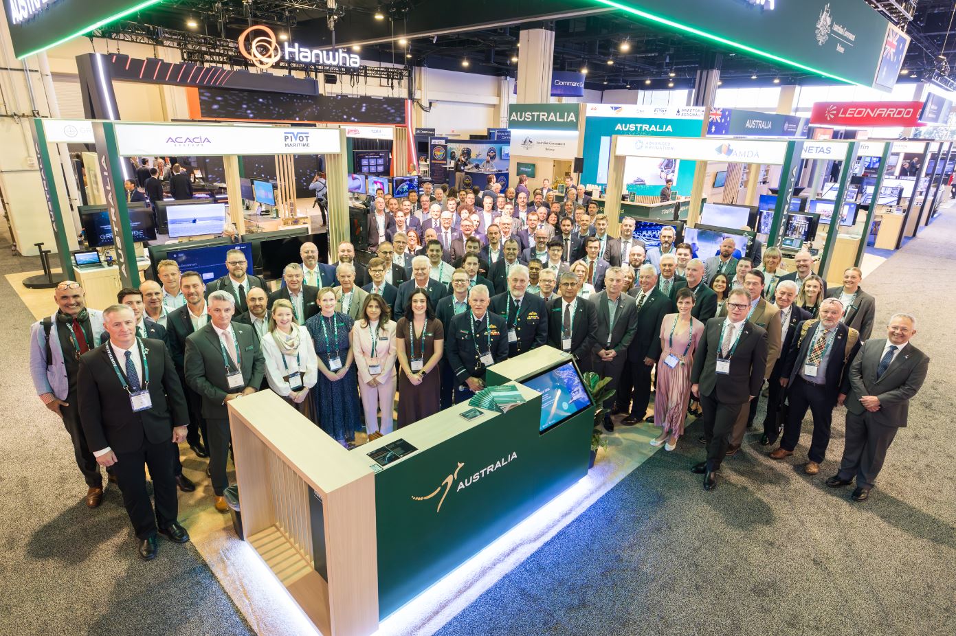 Team Defence Australia members and delegates gather for a photo at the Australian Pavilion at Sea-Air-Space 2026 in Maryland, Washington DC. Photos: Jason Dixson