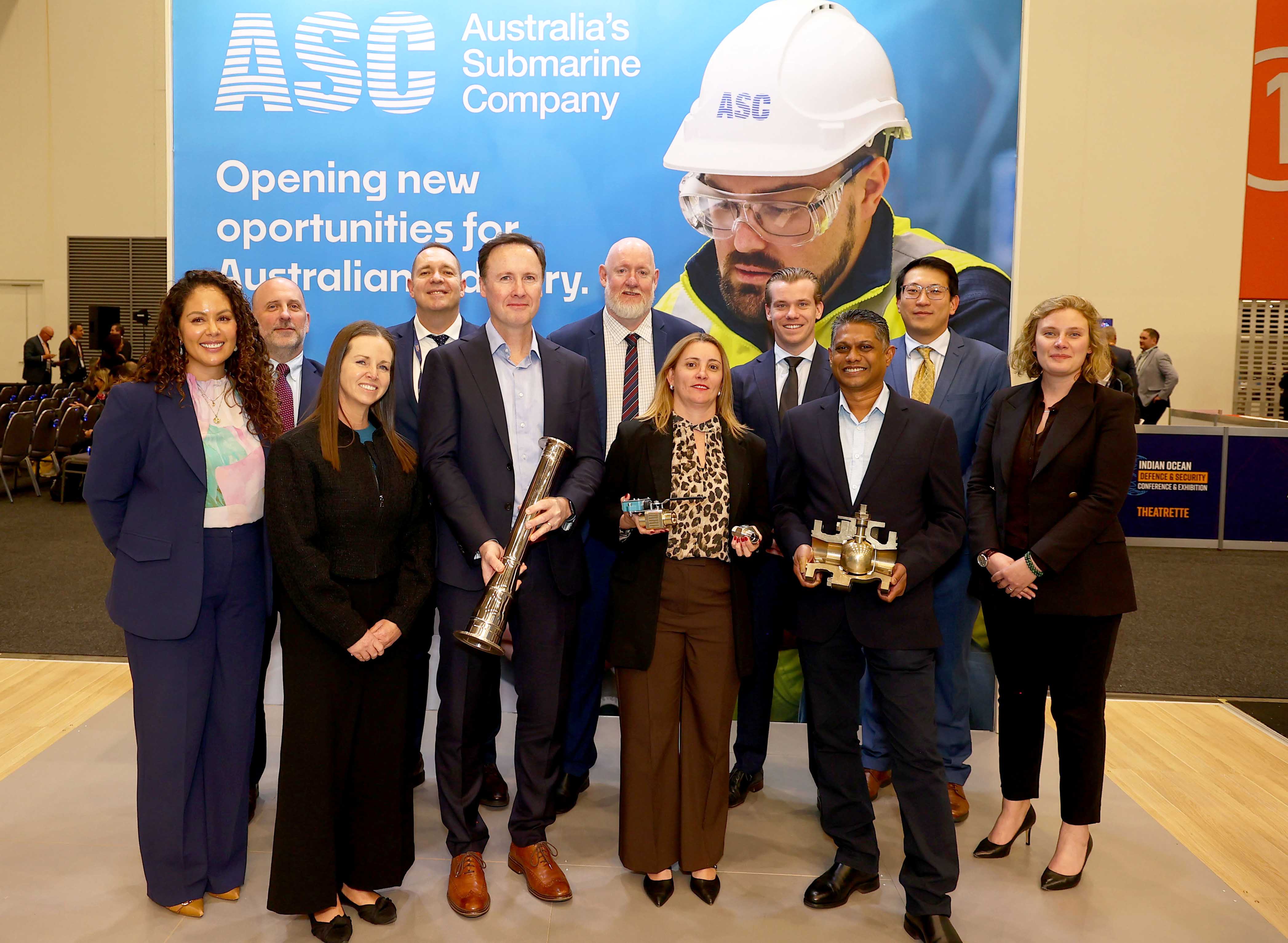ASC and the Australian Submarine Agency join staff from General Dynamics Electric Boat, HIFraser and VEEM at the Indian Ocean Defence and Security Conference and Exhibition in Perth. Image: ASC Pty Ltd