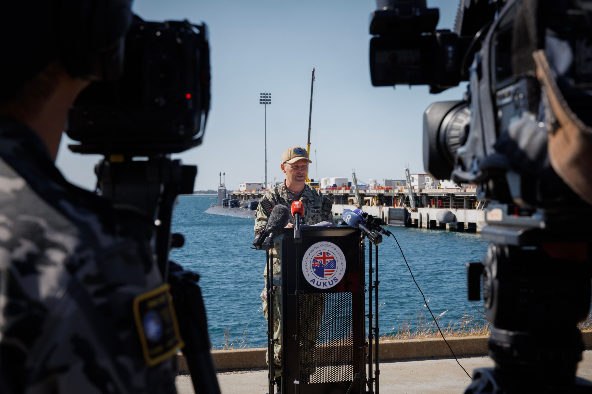 Commander of Submarine Force - US Pacific Fleet, Rear Admiral Chris Cavanaugh, USN addresses media during a press conference at HMAS Stirling, Western Australia.