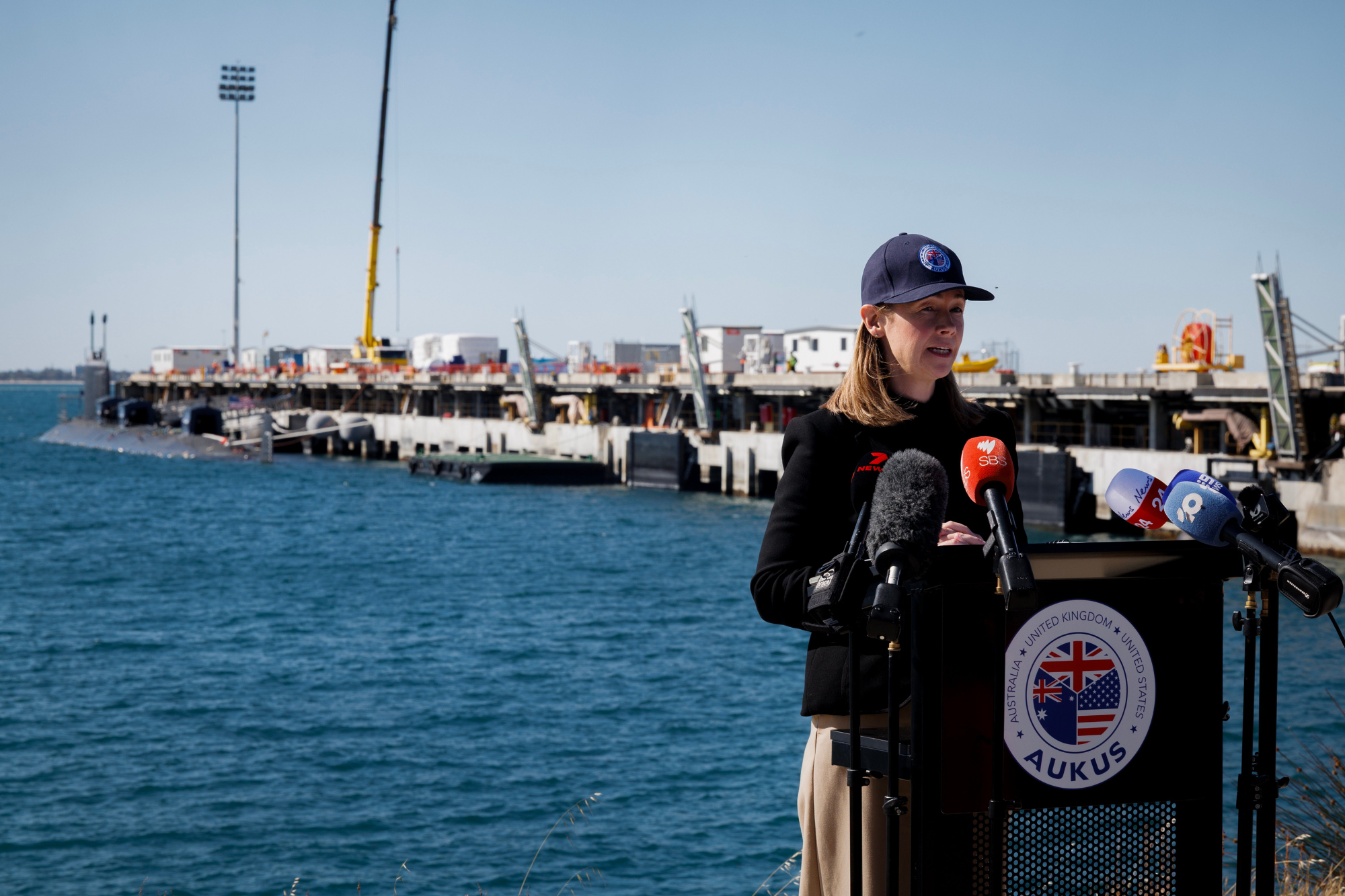 United Kingdom Consul General to Western Australia Ms Maria Rennie addresses media during a press conference at HMAS Stirling, Western Australia.