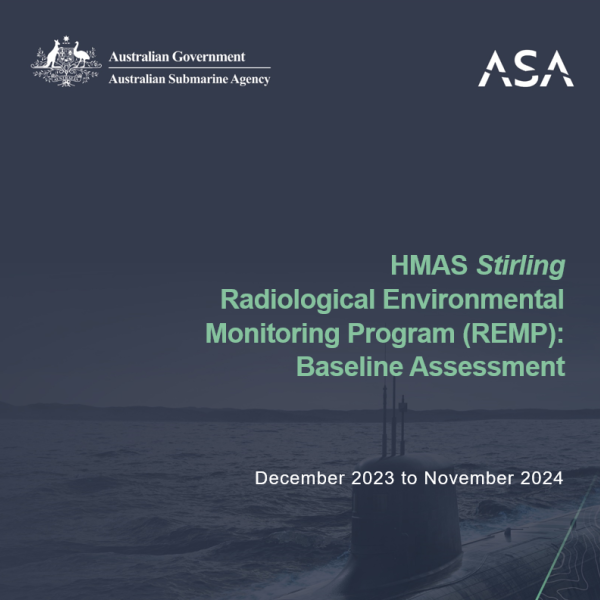 Cover page of a HMAS Stirling radiological monitoring report, with submarine image and ASA branding.