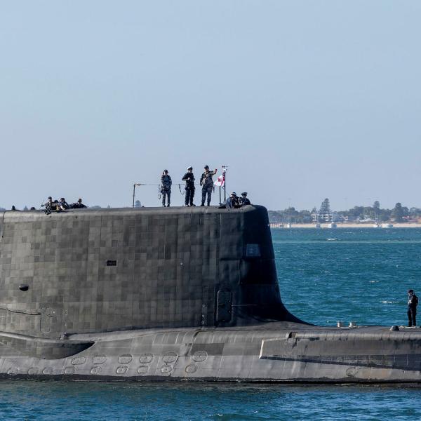 The Astute-class submarine HMS Anson arrives at HMAS Stirling in Western Australia for a scheduled Submarine Maintenance Period (SMP).