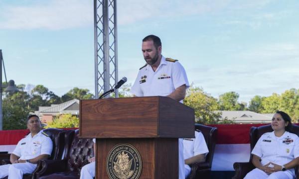 Commodore Bradley Francis speaking at the US Navy's Nuclear Power School Graduation