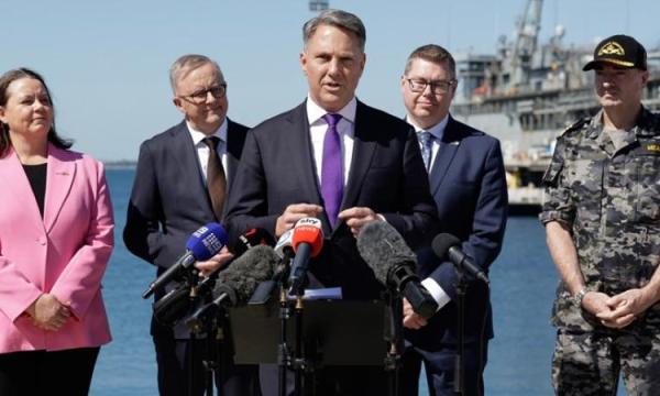 Deputy Prime Minister Richard Marles, speaking at a press conference with Prime Minister Anthony Albanese, Minister for Defence Industry and Capability Delivery Pat Conroy and Federal Member for Brand and Minister for Resources and Minister for Northern Australia Madeleine King with Director-General of the ASA Vice Admiral Jonathan Mead.