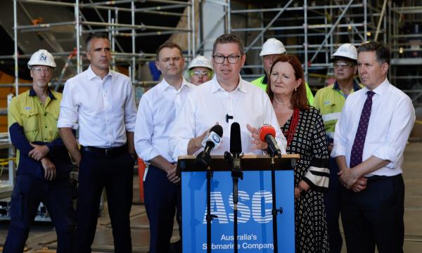 Minister for Defence Industry and Capability Delivery the Hon. Pat Conroy MP speaking at a press conference at the Osborne Naval Shipyard in South Australia.