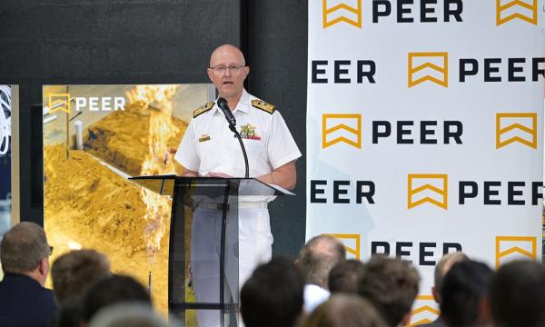 Rear Admiral David Mann, CSC, RAN speaks to the first trainees and apprentices commencing the Defence Industry Pathways Program (DIPP) and the Shipbuilding Employment Pathways pilot (SEPP) initiative