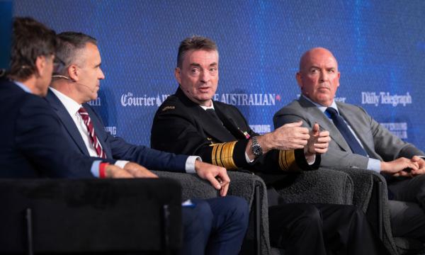 Australian Submarine Agency Director-General, Vice Admiral Jonathan Mead (middle), speaking on the Defending Australian panel at Parliament House in Canberra.   Image: Department of Defence