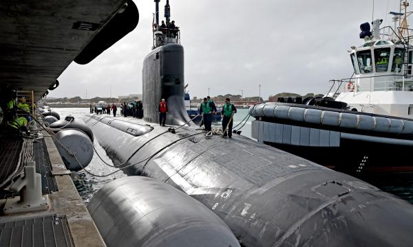 Virginia-class fast-attack submarine USS Hawaii alongside Fleet Base West, HMAS Stirling, Western Australia in 2024.