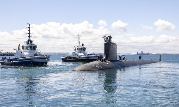 United States Navy Virginia class fast-attack submarine, USS Vermont (SSN 792), departs HMAS Stirling after completing a Submarine Maintenance Period in Western Australia.
