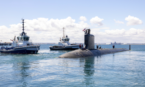 United States Navy Virginia class fast-attack submarine, USS Vermont (SSN 792), departs HMAS Stirling after completing a recent Submarine Maintenance Period in Western Australia.