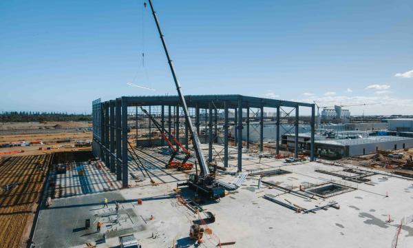 Crane erects a steel frame for a large industrial building at an active construction site.